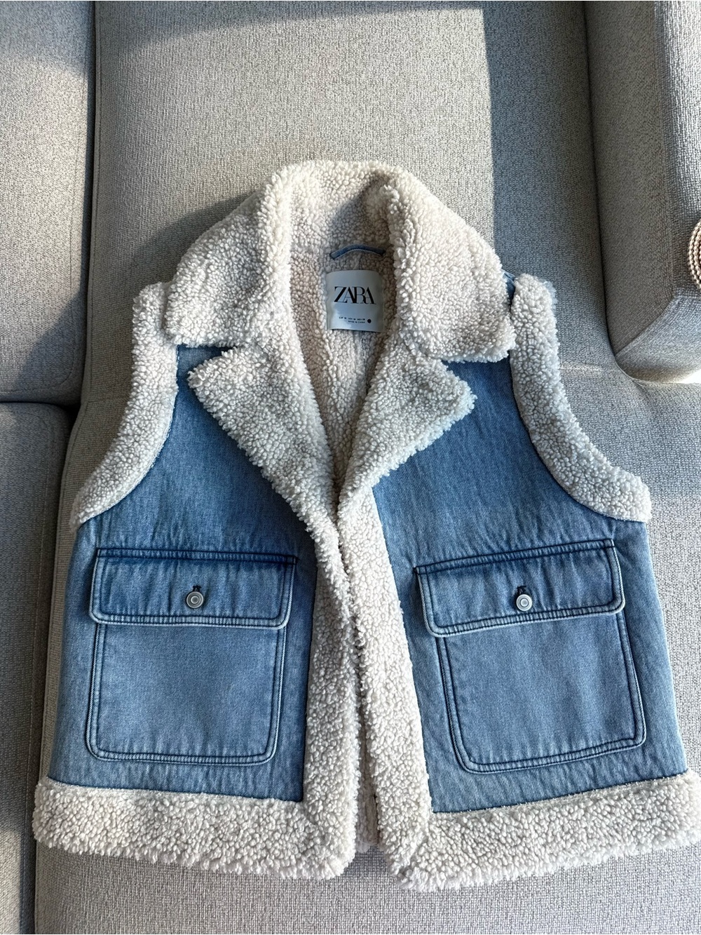 ZARA Blue Denim Vest with Cream Sherpa Trim